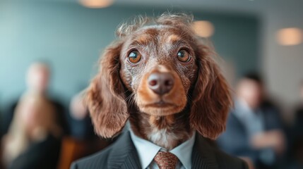 A charming dog dressed in a suit creates a humorous juxtaposition in a professional setting, blending cuteness with the seriousness of business attire.