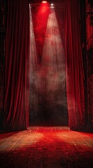 Red stage curtains illuminated by spotlights, smoky backstage
