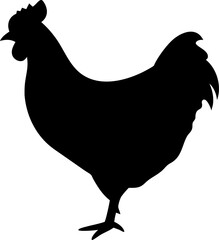 Black vector silhouettes of farm poultry, including chicken, rooster, and hen with a chick, isolated fowl illustrations