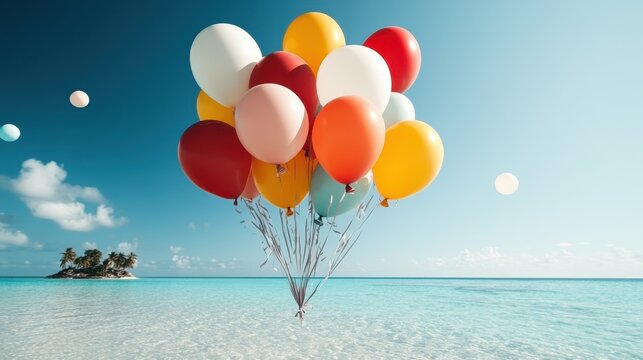A cluster of vibrant balloons floats above a picturesque beach scene, evoking a sense of fun, celebration, and the blissful joy of seaside adventures under a clear sky.