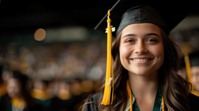 A young woman proudly celebrates her graduation day, wearing a cap and gown, exuding joy and accomplishment amidst a crowd of fellow graduates and a festive atmosphere.