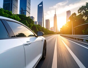 White car on highway in city