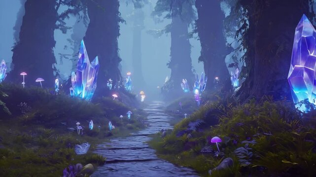 a magical forest with a stone path. Large, glowing blue and purple crystals and smaller, glowing mushrooms. Tall, dark trees rise into a misty blue background.