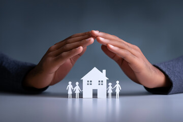 Two hands form a roof over a tiny paper family on a pure white backdrop, symbolizing protection and trust in a sleek, minimalist visual perfect for insurance or fintech branding.