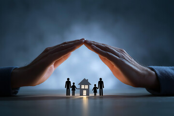 Two hands form a roof over a tiny paper family on a pure white backdrop, symbolizing protection and trust in a sleek, minimalist visual perfect for insurance or fintech branding.