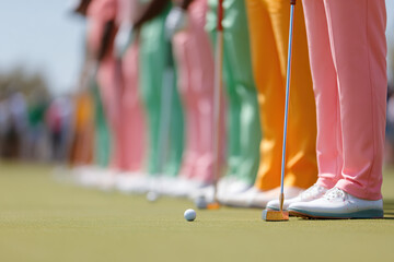 Golfers in colorful pants stand with putters on the green near a golf ball, focus on the ball in the foreground of the shot.