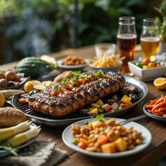Freshly cooked barbecue and vegetables on a wooden table, capturing the essence of a summer lunch.