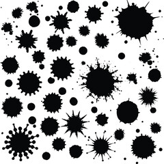 Collection of black ink splatter shapes isolated on white background
