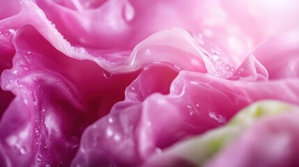 This image captures the beauty of soft pink petals, glistening with water droplets, highlighting fragility and freshness in nature's design amidst a soft background glow.