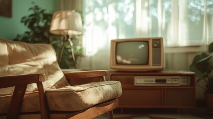 Capturing a vintage living room scene with a retro television, this image evokes nostalgia and warmth, showcasing classic furniture and natural light filtering through the windows.