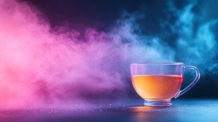 A captivating image of a glass cup filled with tea, surrounded by vibrant colored smoke swirling in hues of pink and blue, creating an ethereal ambiance.