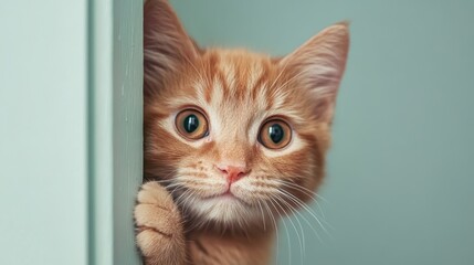 An adorable image of a curious ginger cat peeking around a corner, capturing its innocence and charm in a cozy home setting, inviting joy and warmth.