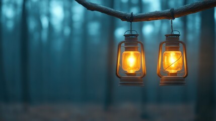 Two vintage lanterns glow warmly as they hang from a tree branch, creating a captivating light in the misty forest ambiance. The scene evokes mystery and adventure.