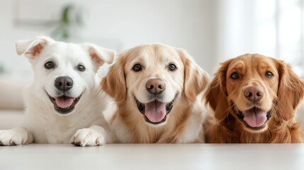Three cheerful dogs sit together in a well-lit room, showcasing their playful personalities and joy. Their expressions of happiness are sure to warm any pet lover's heart.