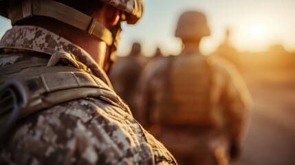Silhouetted soldiers stand together against a vibrant sunset, symbolizing unity and courage. The scene captures the essence of sacrifice and solidarity in times of service.