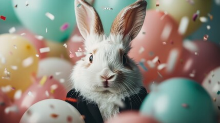 A charming rabbit dressed in a suit stands joyfully amidst colorful balloons and confetti, creating a whimsical and festive atmosphere perfect for celebrations and parties.