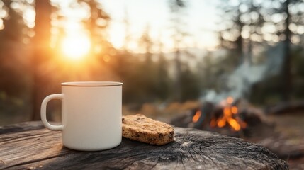 A steaming mug of coffee rests beside a biscuit on a rustic wooden table, set against a sunlit camping scene, invoking the warm nostalgia of outdoor adventures and warmth.