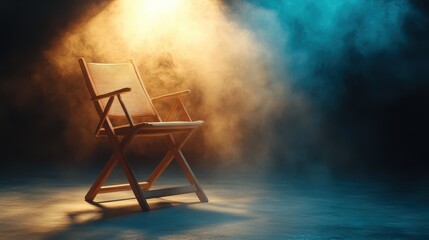 A wooden chair sits under dramatic lighting, surrounded by mist, creating an intriguing allure that invites contemplation and reflection on the nature of solitude.