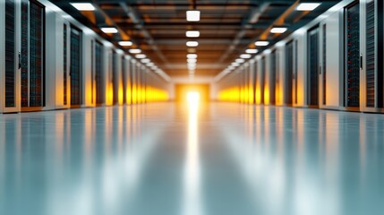 A long corridor of servers glows with an orange light, embodying the future of technology in a streamlined, minimalist environment where data and connectivity converge.