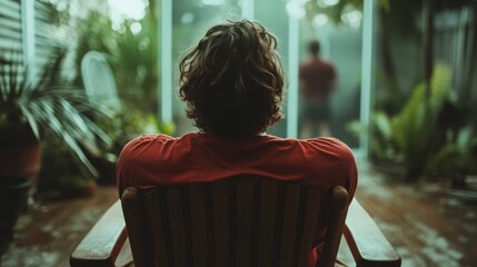 A person sits in a peaceful outdoor space, gazing thoughtfully, surrounded by lush greenery that fosters a serene environment for introspection and tranquility.