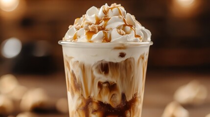 A delicious dessert of whipped cream topped with caramel drizzles presents an indulgent treat in a glass, appealing to both sight and taste with intricate textures and layers.