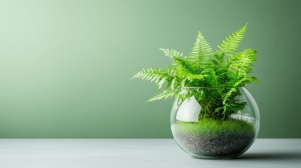 A vibrant fern plant displayed in a glass container showcases its lush greenery, bringing a refreshing feel to indoor decor, suitable for nature lovers and home aesthetics.
