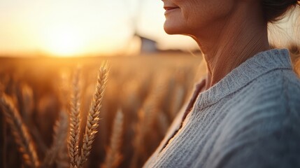 A serene moment captured in golden wheat fields, highlighting a woman silhouetted against a warm sunset, symbolizing tranquility, nature, and the passage of time.