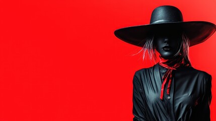 A striking portrait of a mysterious woman in a black ensemble and wide-brimmed hat, exuding elegance and intrigue against a bold red background.