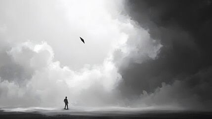 A kite flying alone in a gray cloudy sky