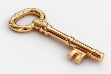 A golden antique key on a plain background.