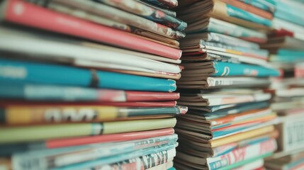 A vibrant stack of magazines showcases an array of colorful covers, representing different interests, trends, and styles, perfect for inspiring creativity and curiosity.