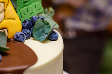 Cake with chocolate glaze, blueberries and green leaf decoration – macro photo of festive dessert