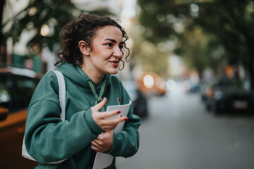 A young woman wearing a green hoodie stands on a city street, displaying a thoughtful facial...