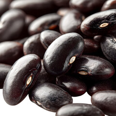 A close-up of black beans with a smooth surface, isolated on white, high-resolution macro shot.