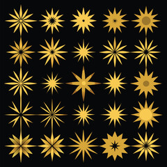 Collection of twenty five golden starburst designs on black background