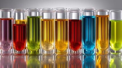 Test tubes with colorful liquids in a lab setting, white background