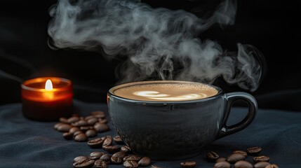 Darkly lit cup of hot coffee with steam and a candle.