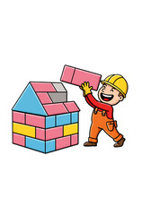 Happy Construction Worker Building a House Illustration png, transparent background