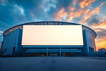 Large Blank Billboard in Front of Modern Stadium for High-Visibility Advertising