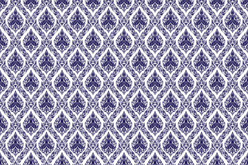  Traditional Thai art seamless pattern bold blue colored in damask style motifs suitable for wallpaper, textile, tile, cloth, curtain and fabric design isolated over white colored background.