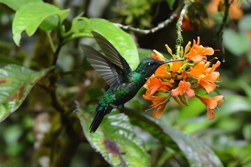 Green Hummingbird Feeding on Orange Flowers in Tropical Rainforest