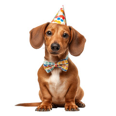 Cheerful Dachshund wearing colorful party hat and festive bow tie, exuding playful and joyful spirit, perfect for celebrations and special occasions