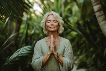 A middle aged Caucasian women clasped her hands together in front of her chest, in a peaceful pose, serene,  contemplative and  peaceful, evoking a sense of tranquility and well-being