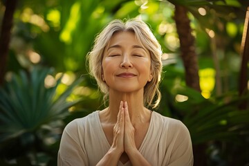 A middle aged Korean women clasped her hands together in front of her chest, in a peaceful pose, serene,  contemplative and  peaceful, evoking a sense of tranquility and well-being