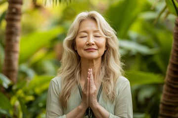 A middle aged Korean women clasped her hands together in front of her chest, in a peaceful pose, serene,  contemplative and  peaceful, evoking a sense of tranquility and well-being