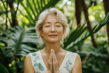 A middle aged Korean women clasped her hands together in front of her chest, in a peaceful pose, serene,  contemplative and  peaceful, evoking a sense of tranquility and well-being