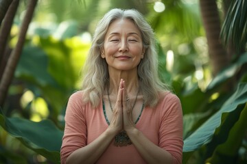 A middle aged Korean women clasped her hands together in front of her chest, in a peaceful pose, serene,  contemplative and  peaceful, evoking a sense of tranquility and well-being