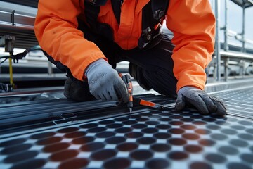 a man installing solar panels on a rooftop wearing an orange safety jumpsuit, white safety helmet, and safety gloves