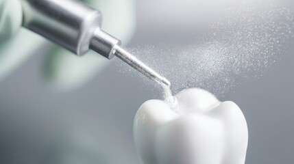 A healthy tooth is being gently cleaned with a focused air stream, showcasing a dental professional's care in maintaining oral hygiene at a dental clinic