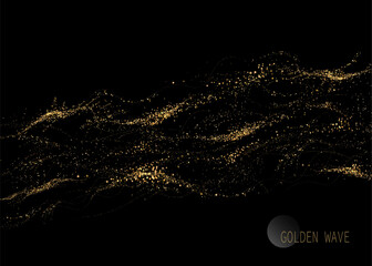 Abstract shiny isolated design element, amazing golden tinsel on black background.